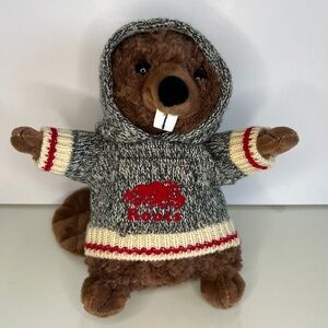 ROOTS PLUSH BEAVER Perfect Brown with Grey Red Knit Hoodie Sweater 9” EUC